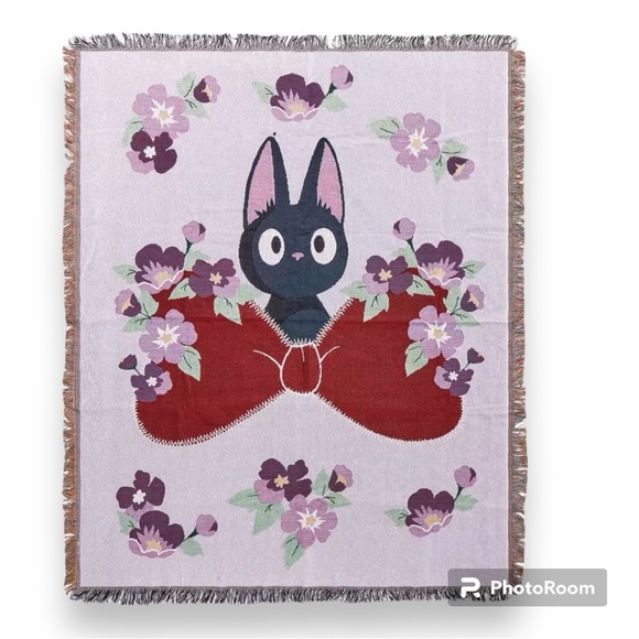Studio Ghibli Kiki's Delivery Service Jiji Bow Floral Tapestry Throw - Picture 1 of 3
